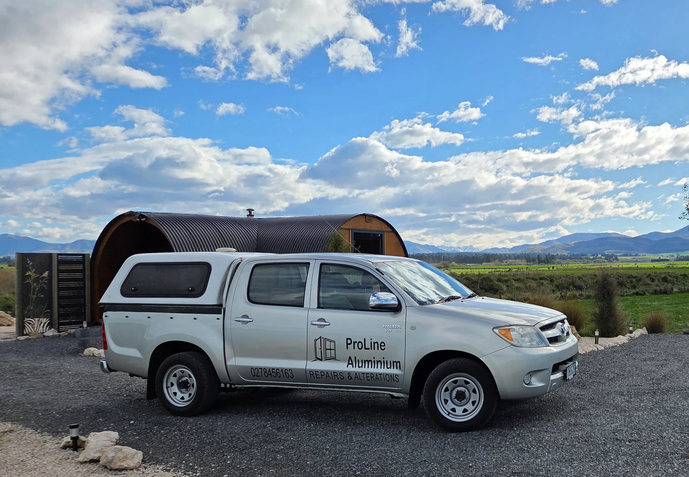 ProLine Aluminium service vehicle in Canterbury with mountain backdrop